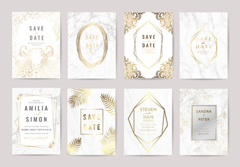 Luxury Marble Wedding Invitation Cards collection design with Geometric shape floral  and  golden texture decoration Vector illustration. 