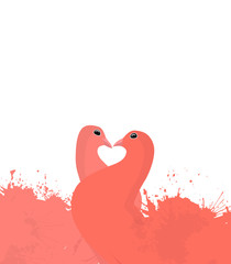 Pair of coral enamored doves with watercolor sprays. Vector illustration for invitation, greeting card and your creativity