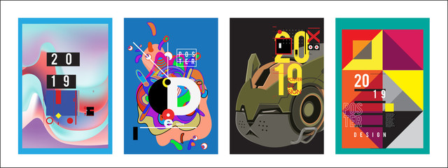2019 New Poster Design Template. Trendy Vector Typography and Colorful Illustration Collage for Cover and Page Layout Design Template in eps10