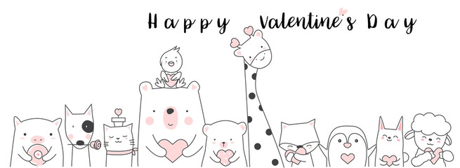 Valentine's Day background with cute baby animal cartoon hand drawn style