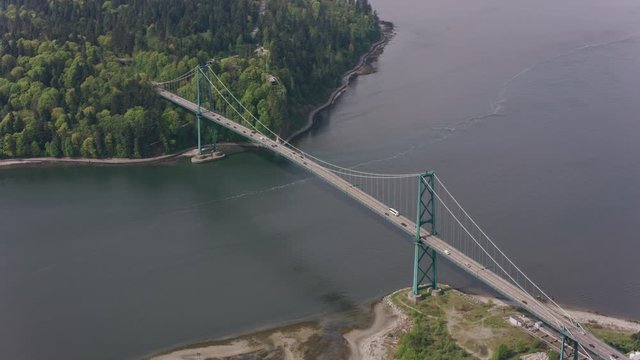Vancouver, Canada circa-2018. Aerial view of Lions Gate Bridge.  Shot from helicopter with Cineflex gimbal and RED Epic-W camera.