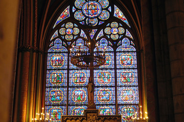 Stained glass windows at Notre-Dame Cathedral in Paris 