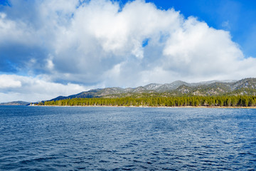 South lake tahoe with blue water and green trees