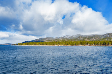 South lake tahoe with blue water and green trees