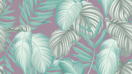 Tropical seamless pattern,  green Dypsis lutescens or yellow palm, dumbcane and green Calathea orbifolia leaves on purple background, pastel vintage style