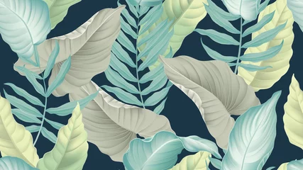 Zelfklevend Fotobehang Tropical seamless pattern,  King of Heart leaf, yellow palm and dumbcane leaves on dark blue background, pastel vintage style © momosama