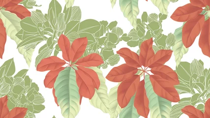 Muurstickers Tropical seamless pattern,  red umbrella tree and green leaves on white background, pastel vintage style © momosama
