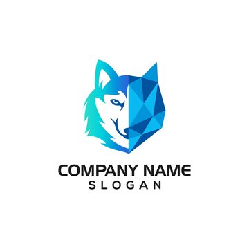 Husky dog with geometric shape as technology accent for data or cyber security logo template.
