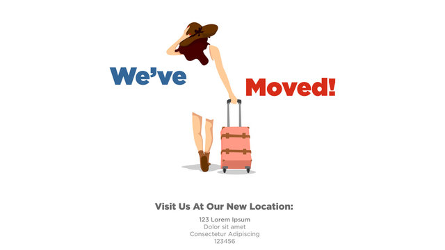 we have moved concept a girl dressed same as background with suitcase move forward leaving old location with big text clean simple flat illustration