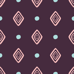 Repeating round spots and rhombuses drawn by hand with a rough brush. Geometric seamless pattern. Sketch, watercolor, paint.