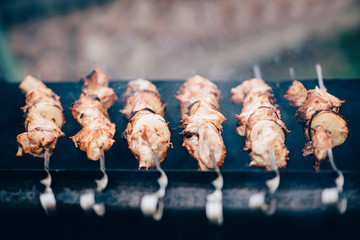 Grilled kebab cooking on metal skewer. Roasted meat cooked at barbecue. Traditional eastern dish, shish kebab. Grill on charcoal and flame, picnic, street food