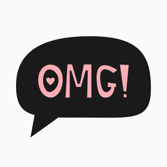 Speech bubble with text Omg! and heart. Girly print, sticker, poster.