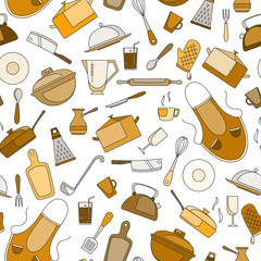 Seamless pattern on the theme of cooking and kitchen utensils, simple contour icons, beige icon  on light background