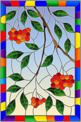 Illustration in stained glass style with a branch of mountain ash, clusters of berries and leaves against the sky in bright frame , vertical image