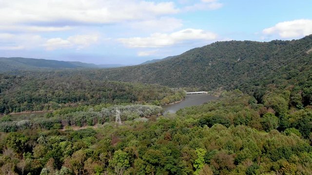 Aerial panoramic view of northeastern United States of America landscape near Raystown lake in Pennsylvania, fed by the Juniata river near Saxton, PA