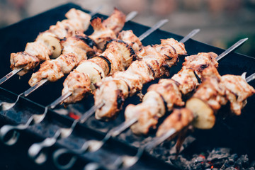 Grilled kebab cooking on metal skewer. Roasted meat cooked at barbecue. Traditional eastern dish, shish kebab. Grill on charcoal and flame, picnic, street food