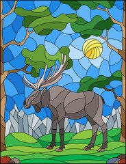 Illustration in stained glass style with wild moose on the background of trees, mountains and sky