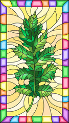 Illustration in stained glass style with a green   leaf on a yellow  background,in a bright frame