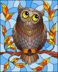 Fototapeta premium Ilustracja w stylu witrażu ze wspaniałą brązową sową siedzącą na gałęzi jesiennego drzewa na tle nieba