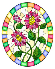 Illustration in stained glass style with pink flowers  on ayellow background in a bright frame,oval  image