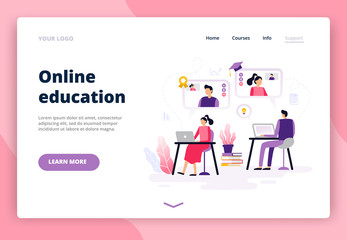 Online education. Women and men working with a laptop, watching video and learning. Background or banner for site or landing page with a distance course theme. Vector illustration