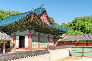 Beautiful view of Seonjeongjeon Hall with amazing blue tile roof