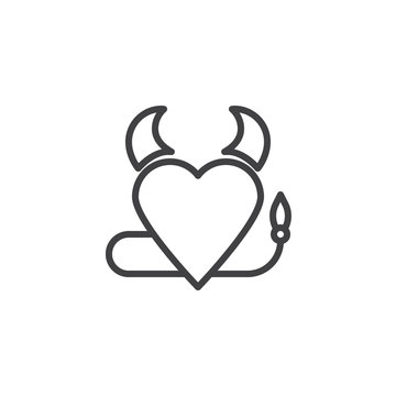 Heart with devil horns and a tail line icon. linear style sign for mobile concept and web design. Devil heart outline vector icon. Symbol, logo illustration. Pixel perfect vector graphics