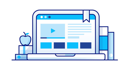 Training, education, online tutorial, e-learning concept. Laptop with video online training on the screen. Flat vector illustration