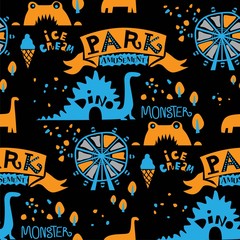Seamless pattern Park. Attractions,  Ferris wheel, balloons, dinozaur © SVETLANA