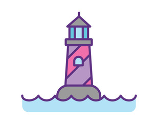 Vector cartoon flat lighthouse. Searchlight towers for maritime navigational guidance