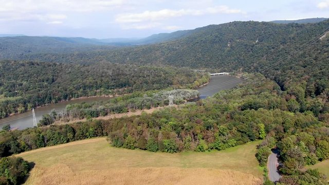 Aerial view of Juniata river near Saxton, PA and the Raystown Recreational Area in background, a popular destination for all kinds of outdoor activities, travel and outdoor recreation and sports