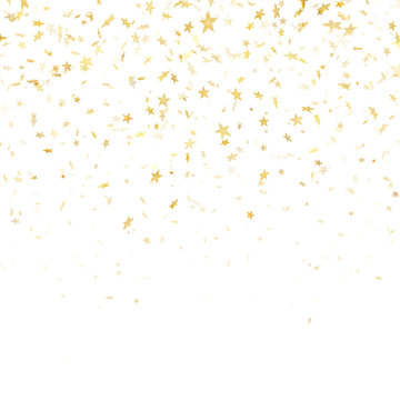 Gold star confetti rain festive pattern effect. Golden volume stars falling down isolated on white background. EPS 10