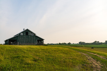 Obraz premium Rural farm pasture with old barn on a Summer's morning. Millbrook, Illinois, USA