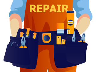 Construction worker with tool belt. Vector flat style illustration repairman isolated. Template for banner website.