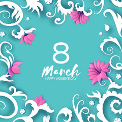 8 March Greetings card. International Womens Day. Realistic Floral Paper cut pink flowers and white leaves. Floral bouquet. Frame. Text. Origami Spring Seasonal Holidays. Happy Mothers Day.