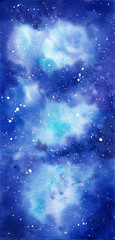 Space watercolor hand painted background. Abstract galaxy painting. 