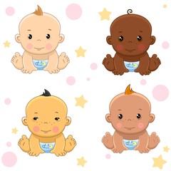 Icons set of boys children of different colors and nationality and ethnic group for children and design. A child with black skin, yellow and narrow eyes, white and bronze.