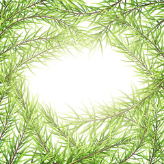 Festive Merry Christmas and Happy New Year greeting card template. Frame of tree branches. EPS 10