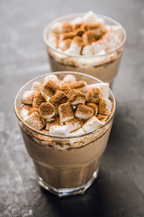 Hot Chocolate drink with marshmallow and cinnamon in old-fashioned glass. Selective focus.