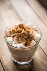 Hot Chocolate drink with marshmallow and cinnamon in old-fashioned glass. Selective focus.