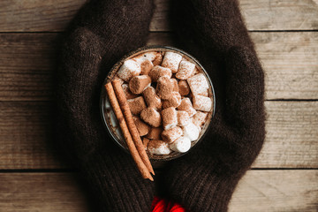 Hot Chocolate drink with marshmallow and cinnamon in old-fashioned glass. Selective focus.