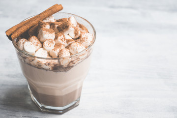 Hot Chocolate drink with marshmallow and cinnamon in old-fashioned glass. Selective focus.