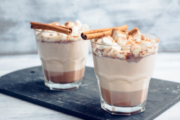 Hot Chocolate drink with marshmallow and cinnamon in old-fashioned glass. Selective focus.