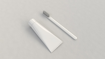 Blank white tube of toothpaste and toothbrush - 243610659