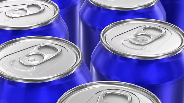 UHD looping 3D animation of the blue aluminum soda cans