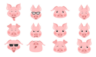 Collection of funny pig emoticon characters in different emotions.  set