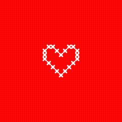 White simple cute cross stitch heart on red canvas card template, vector