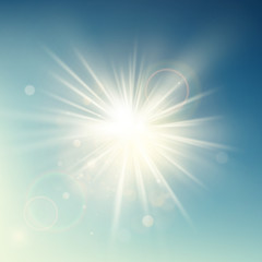Fototapeta premium Summer template warm spring sun rays burst with lens flare. EPS 10