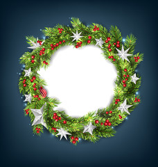 Christmas Wreath with Silver Stars for Happy New Year 2019. Card Template