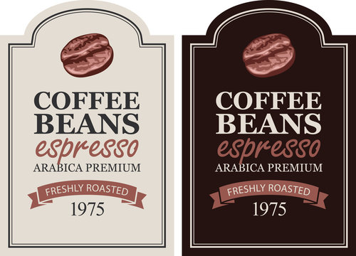 Vector set of labels for freshly roasted coffee beans. Coffee labels with coffee bean and ribbon in retro style with inscription Espresso in figured frame.